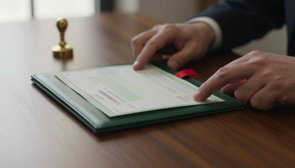 Dos manos sobre un escritorio de notaría con cuero verde; una desliza una carpeta con un comprobante de pago y la otra descansa junto a un sello de bronce