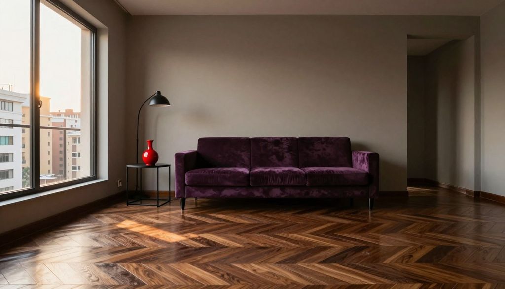 Sala amoblada de un departamento en Lima con parquet oscuro en espiga, un sofá de terciopelo ciruela, una mesa auxiliar de acero ennegrecido con un jarrón rojo y la luz de la tarde que entra por una ventana alta