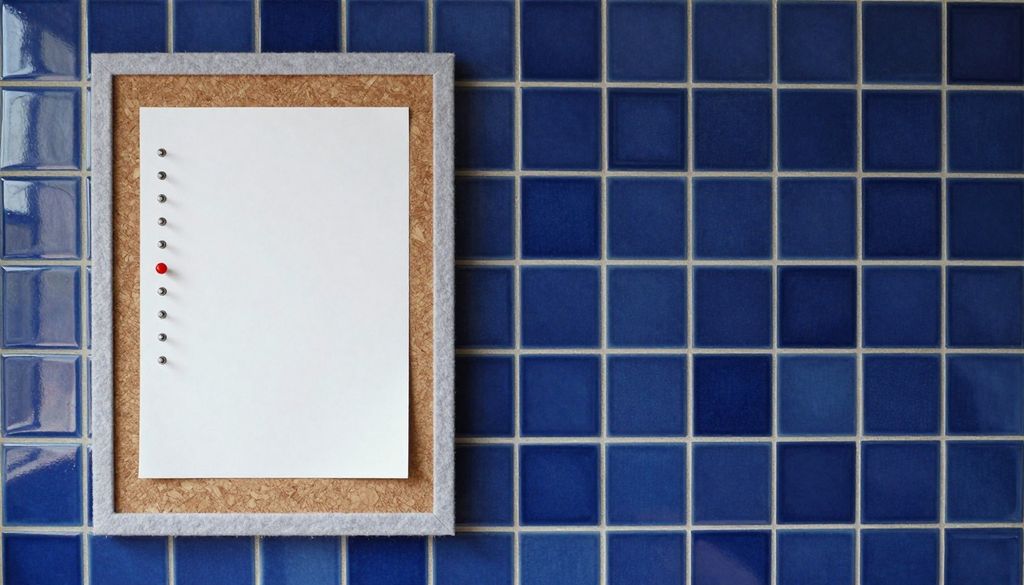 Pared de azulejos azul cobalto con un tablero de corcho de borde de fieltro gris claro y una hoja en blanco sujeta por una columna de chinches de acero, una de ellas roja