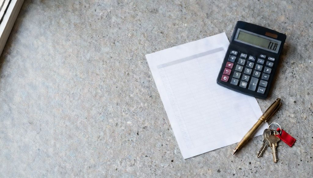 Mesa de terrazo vista desde arriba con una calculadora, un presupuesto impreso sin cifras legibles, un lapicero de bronce y unas llaves con una etiqueta roja