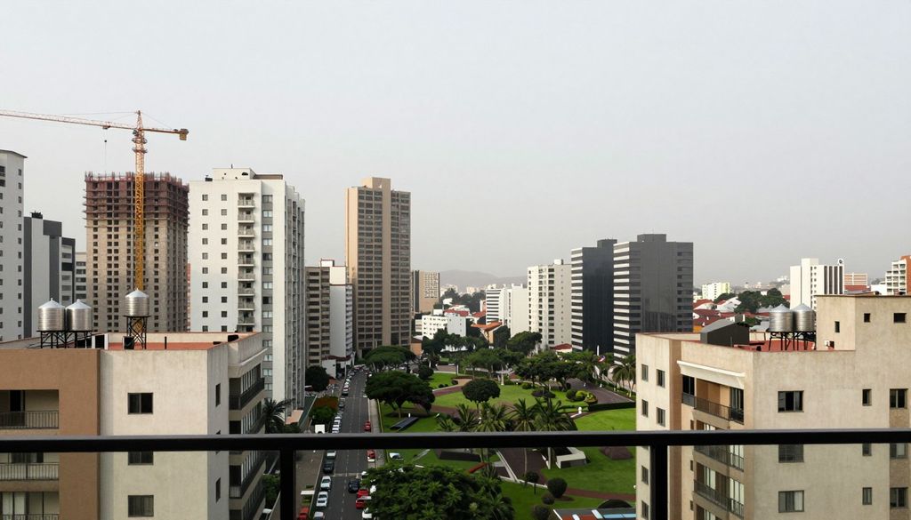 Vista desde un piso alto sobre los edificios de Jesús María y Lince, con grúas de obras nuevas y el verde de un parque al fondo