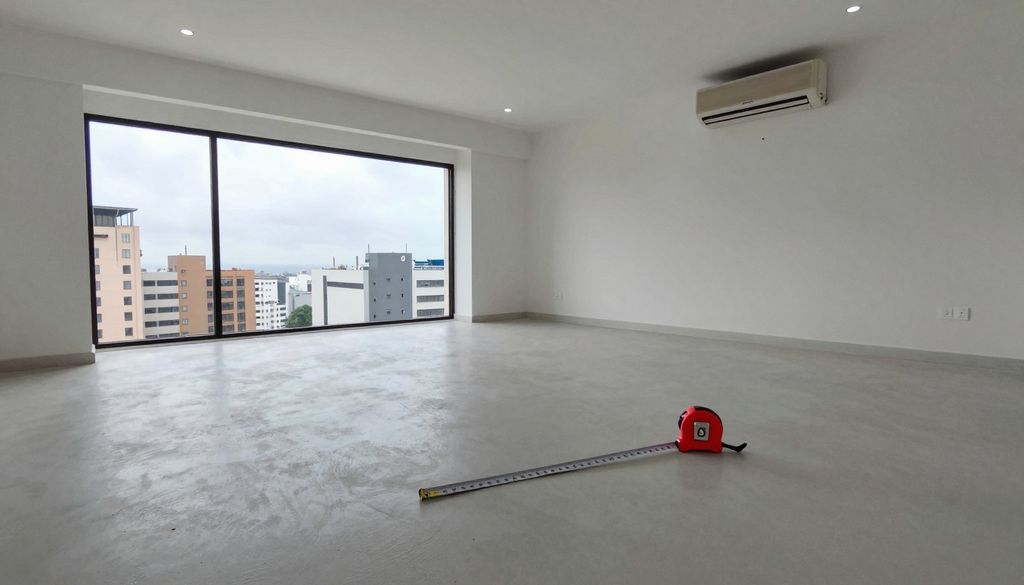 Departamento vacío con piso de microcemento gris y una wincha roja extendida hacia un ventanal con vista a edificios de Lima bajo un cielo gris