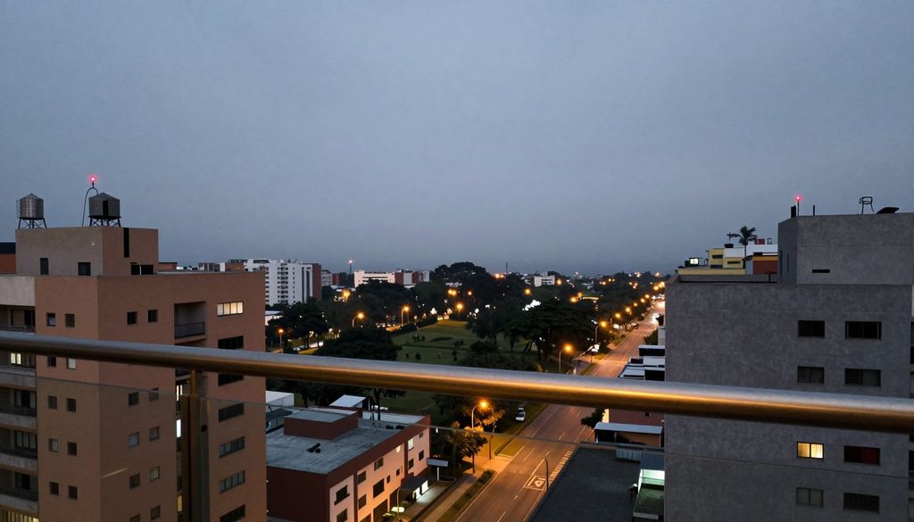 Vista al atardecer desde el balcón de un piso alto, con una baranda de bronce, sobre los techos de Lima Moderna, con faroles encendiéndose en las avenidas y una pequeña luz roja en un mástil lejano bajo un cielo gris azulado