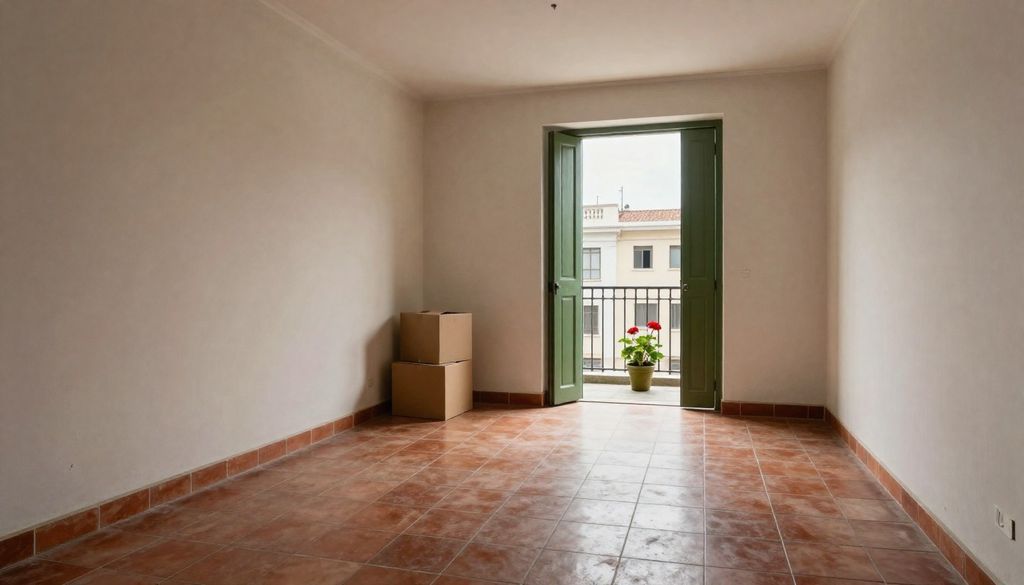 Sala vacía de un departamento antiguo de Lima con piso de baldosas de terracota, paredes de cal y una puerta de madera verde oliva abierta a un balcón con un geranio rojo; junto a la pared, dos cajas de cartón