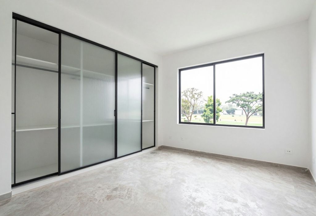 Dormitorio sin muebles con clóset de puertas de vidrio acanalado y ventana al parque