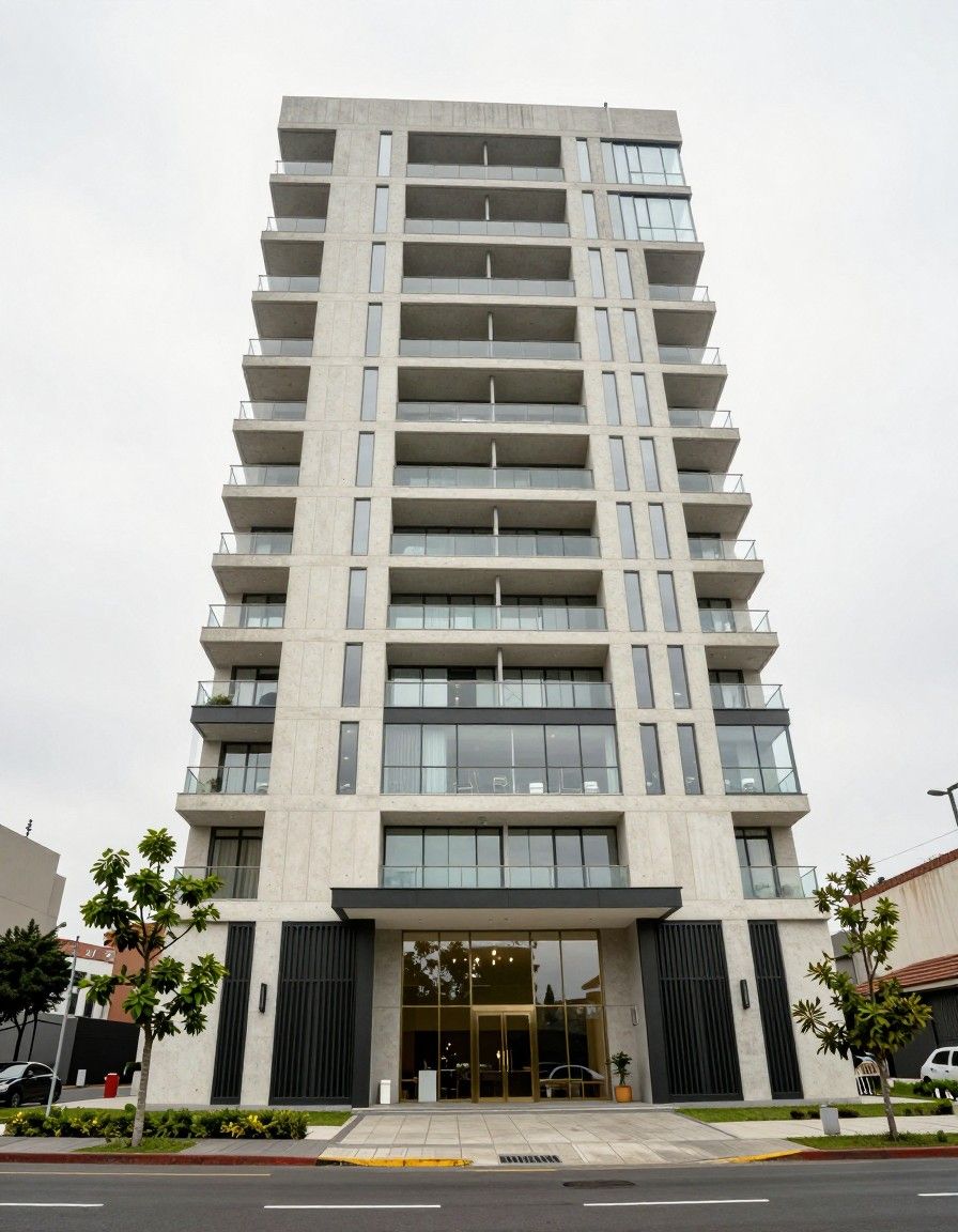 Torre de departamentos de concreto y vidrio con balcones e ingreso con mampara