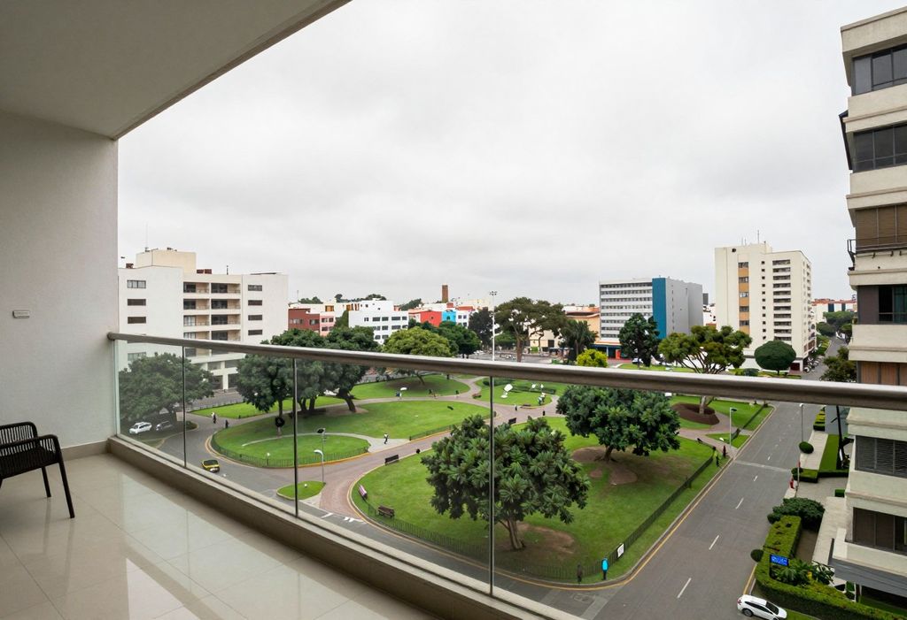 Balcón con baranda de vidrio sobre el parque