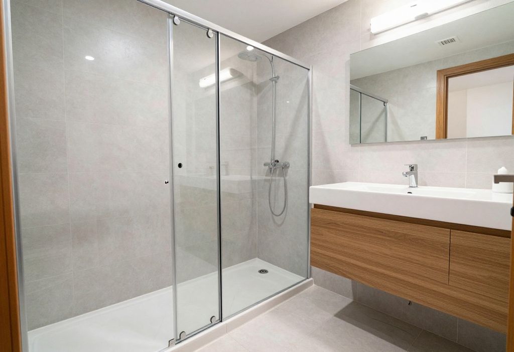 Baño con ducha de vidrio y mueble de madera