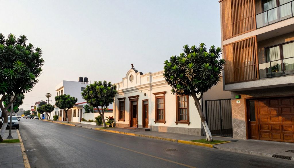 Calle de Barranco con una casa republicana y edificios nuevos al atardecer