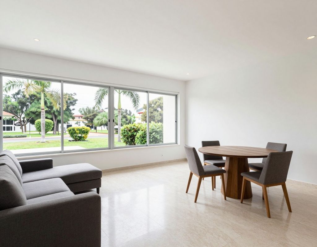 Sala y comedor con ventanal corrido hacia un parque arbolado
