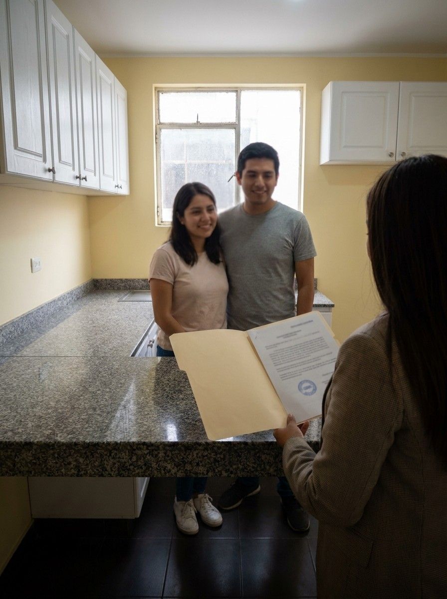 Después de la visita, una pareja espera en la cocina del departamento mientras la agente revisa su carta de preaprobación del banco