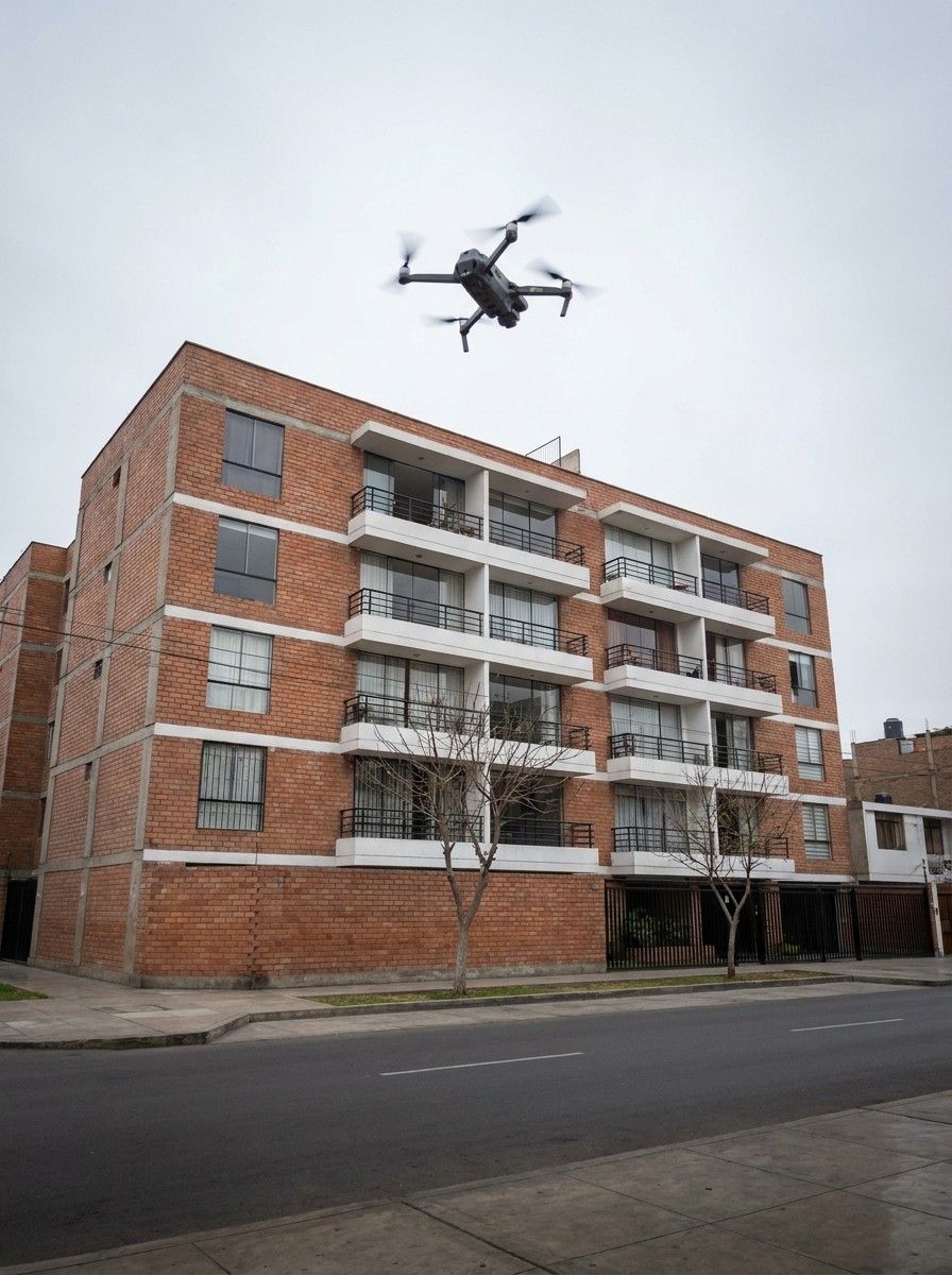 Dron frente a un edificio de ladrillo en Lince, tomando las fotos aéreas