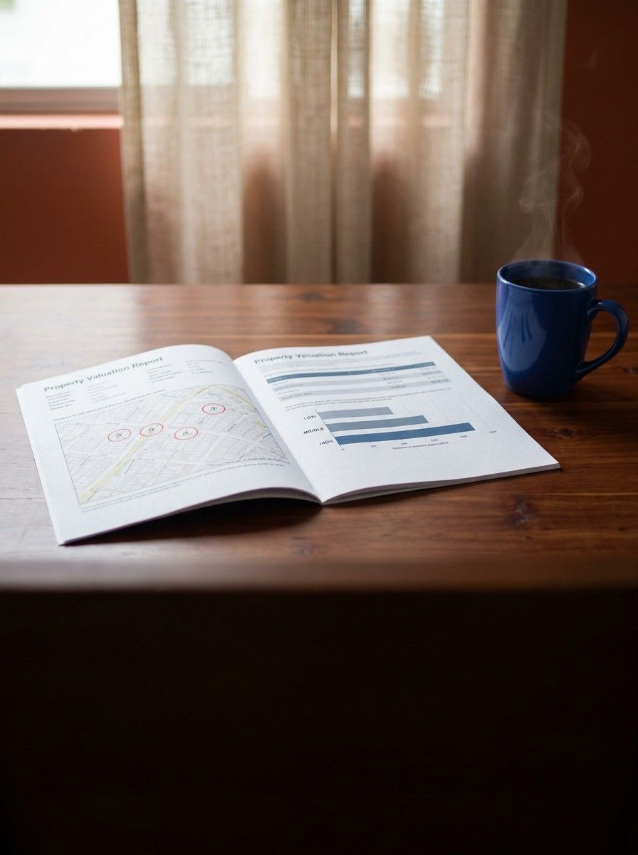 Reporte de valoración impreso con un mapa del barrio y tres precios, junto a una taza de café caliente