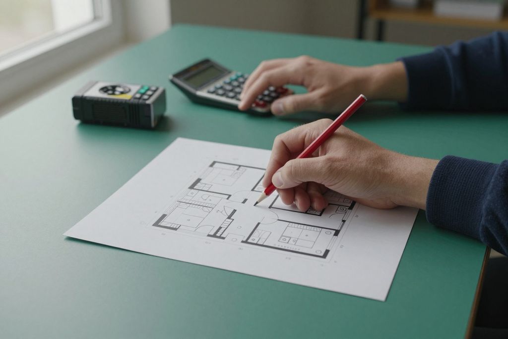 Manos marcando con un lápiz rojo el plano de un departamento, junto a un medidor láser y una calculadora