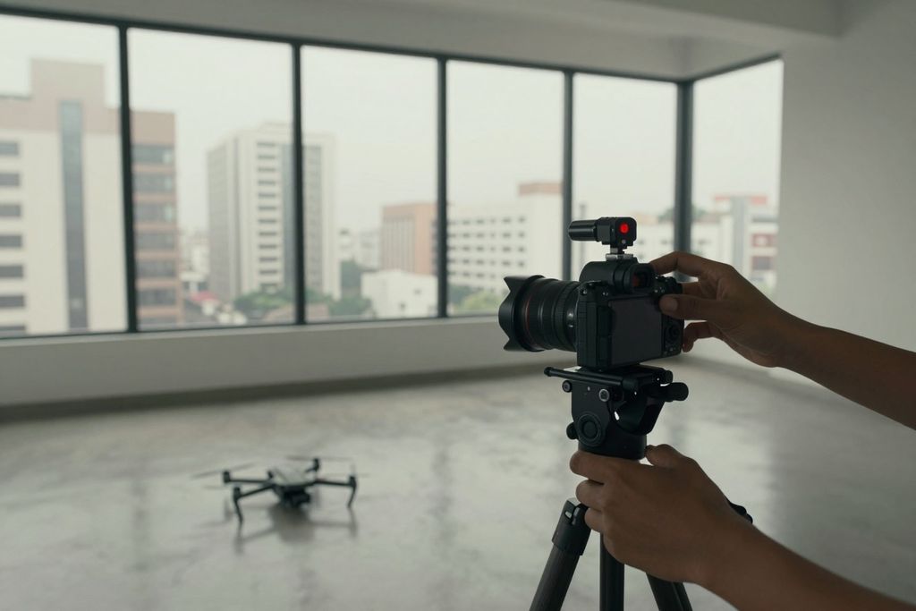 Manos ajustando una cámara sobre un trípode en un departamento vacío, con un dron en el piso