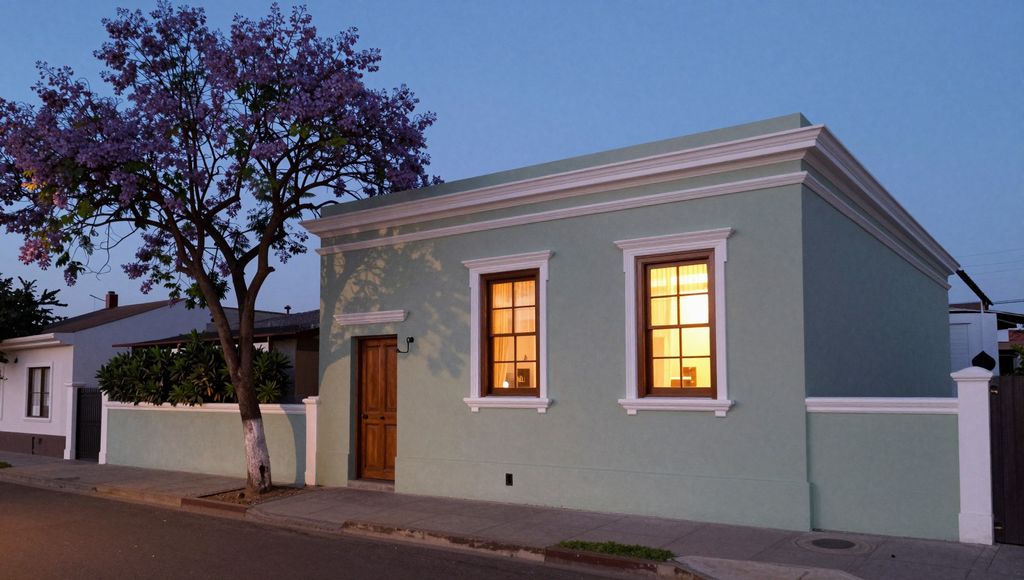Casa familiar verde salvia al anochecer, con las ventanas encendidas y un jacarandá en flor