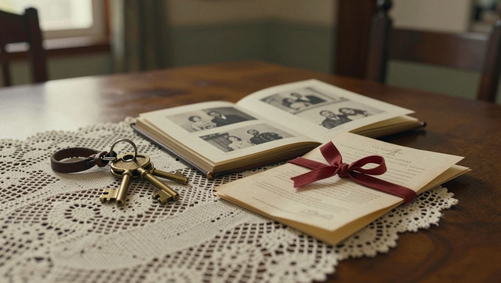 Llaves antiguas, un álbum de fotos familiares y una escritura atada con una cinta roja sobre un mantel tejido