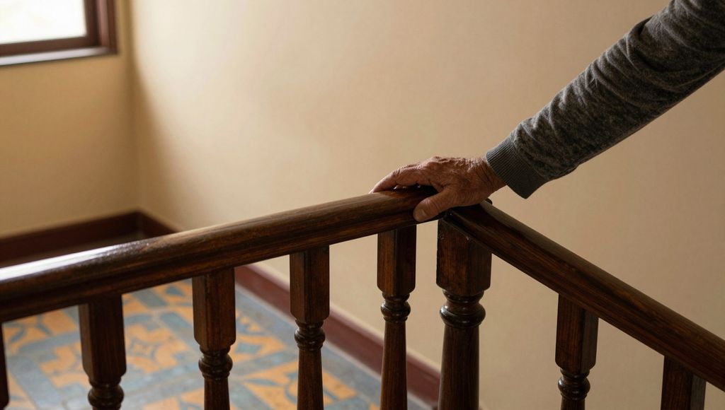 Mano de una persona mayor apoyada en la baranda de madera oscura, gastada por los años, de la escalera de una casa familiar