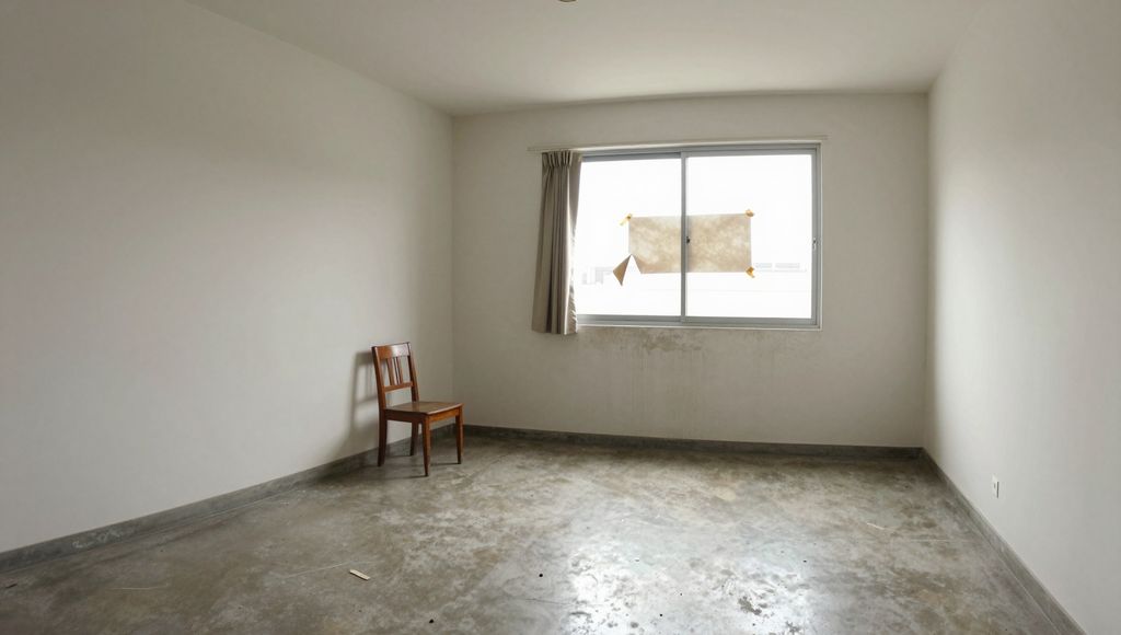 Departamento vacío con un papel mal pegado en la ventana y una silla sola