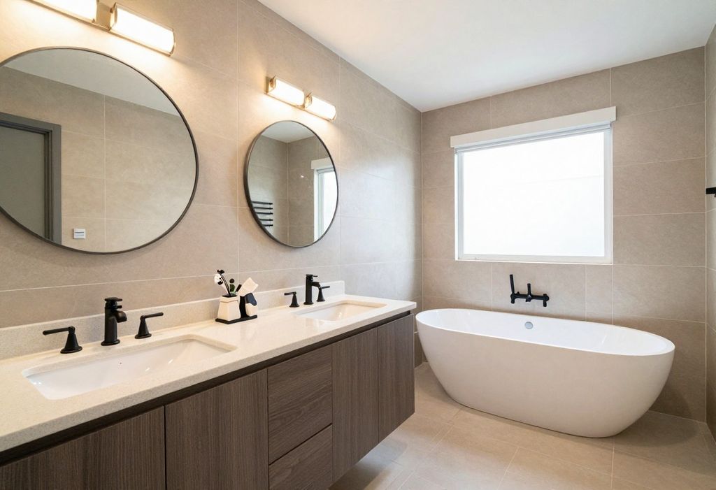 Baño principal con doble lavatorio, tina exenta y ventana de vidrio esmerilado