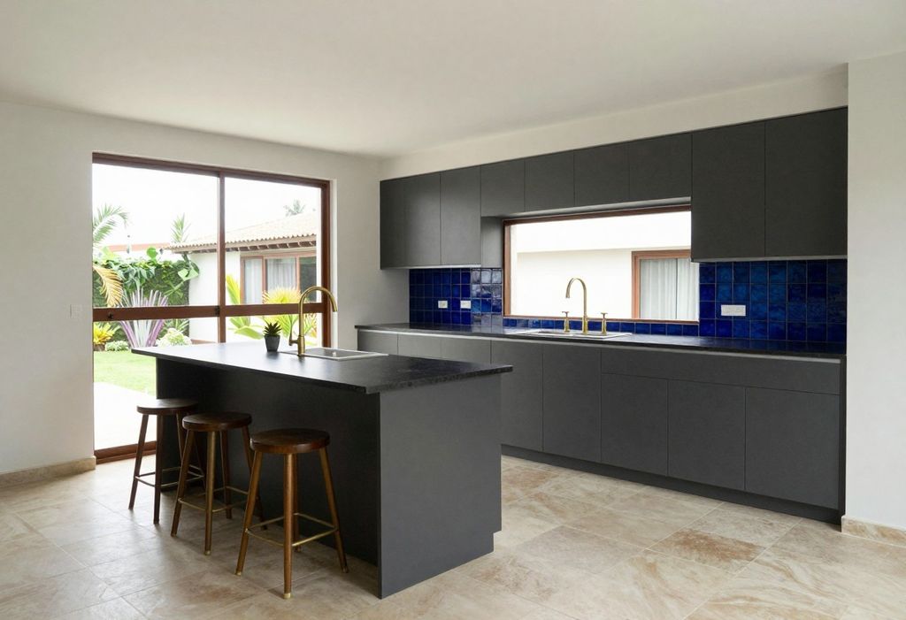 Cocina con muebles grafito, mayólica azul vidriada, isla con barra y ventana al jardín