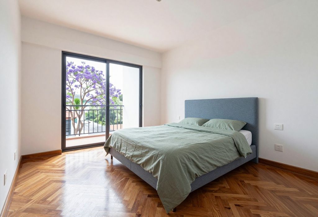 Dormitorio principal con parquet de nogal y puerta al balcón frente al jacarandá en flor
