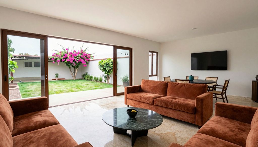 Sala con sofás de terciopelo terracota y mesa de mármol verde, abierta al jardín; el comedor al fondo